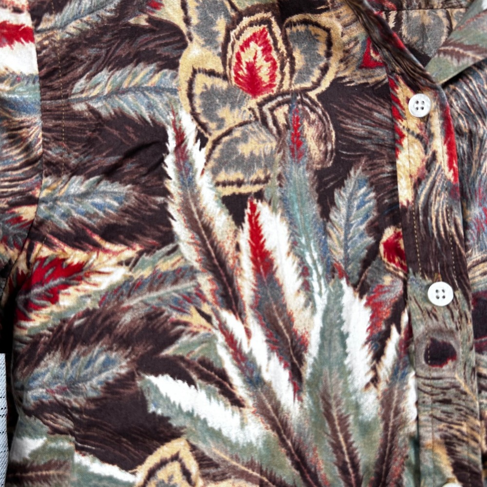 Lauren Ralph Lauren‎ Petite PM Brown Peacock Feather Floral Cotton Button Up EUC - Picture 6 of 7